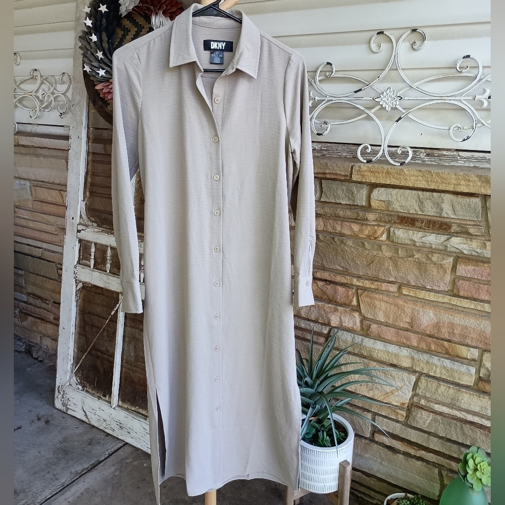 DKNY Beige Long Sleeve Shirt Dress_2